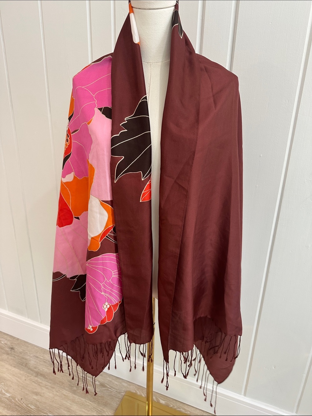 Large Bold Floral Fringe Scarf in Brown, Pink & Orange 63 inches long - Picture 3 of 5